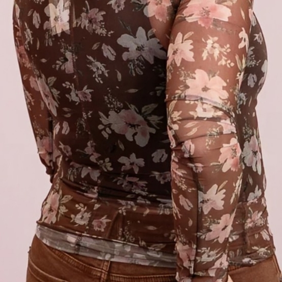 NWT New In Floral Mesh L/S Top Chocolate Brown Pastel Pink Size Small Balletcore - Picture 5 of 6